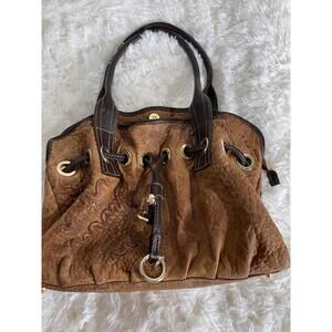 Brown Suede Leather Drawstring Shoulder Bag Snap Closure Made in Italy